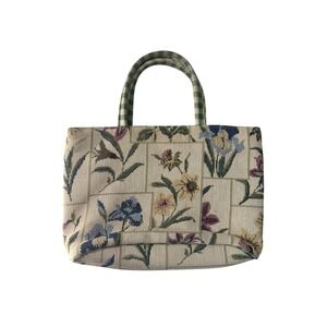 Maggi B Floral Tapestry Tote Bag Green Gingham Trim Botanical Woven Handbag